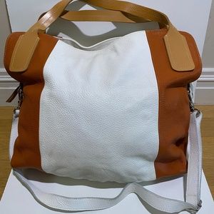 Italian Leather Satchel, Tan & White